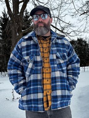 Vintage 1970s Blue Plaid Wool Fleece-Lined Shirt Jacket